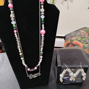 Elegant Silver and Pink Beaded Necklace and Earring Set